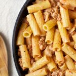 Pasta with minced beef in creamy sauce